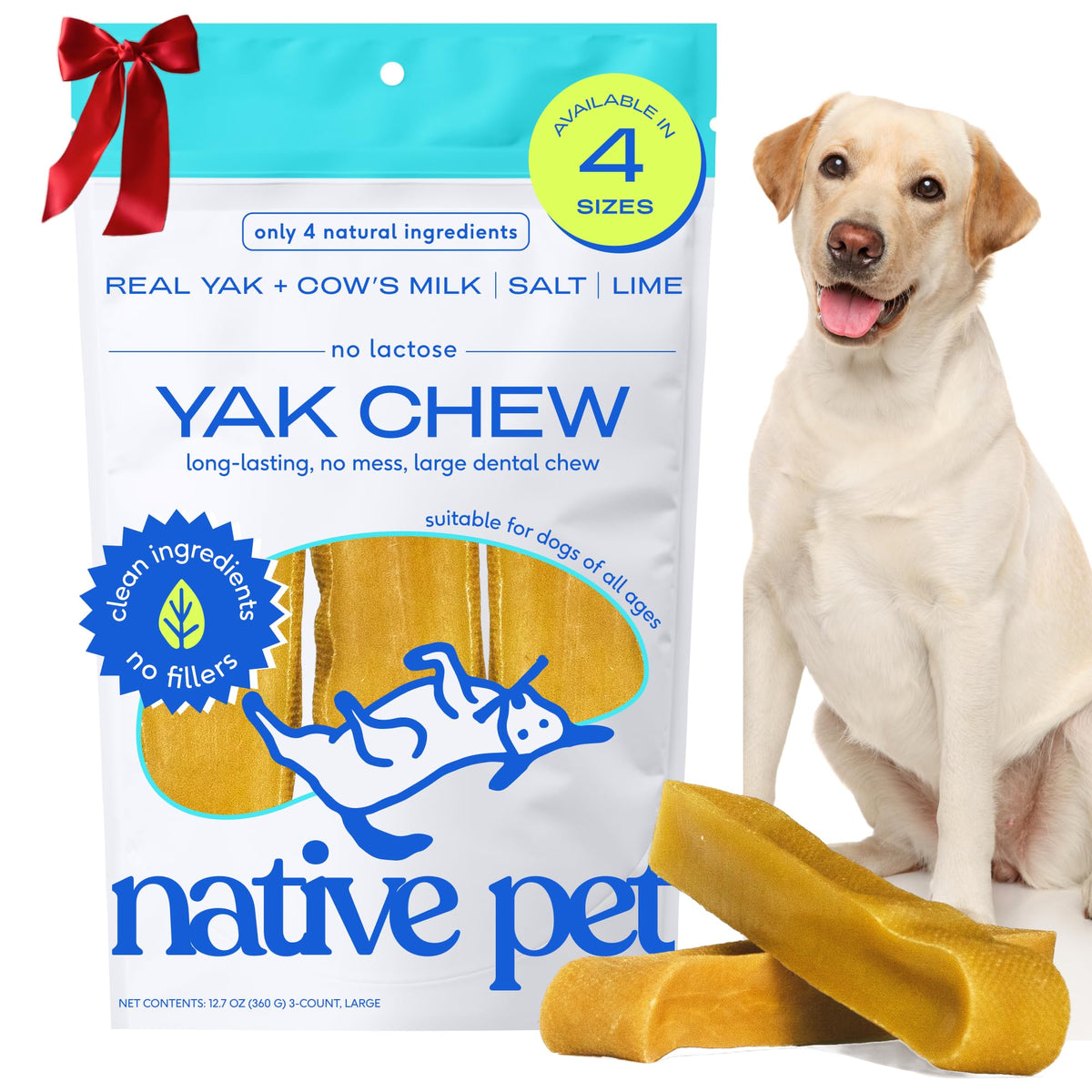 Native Pet Yak Chews pack front showing long-lasting dental sticks for large breeds