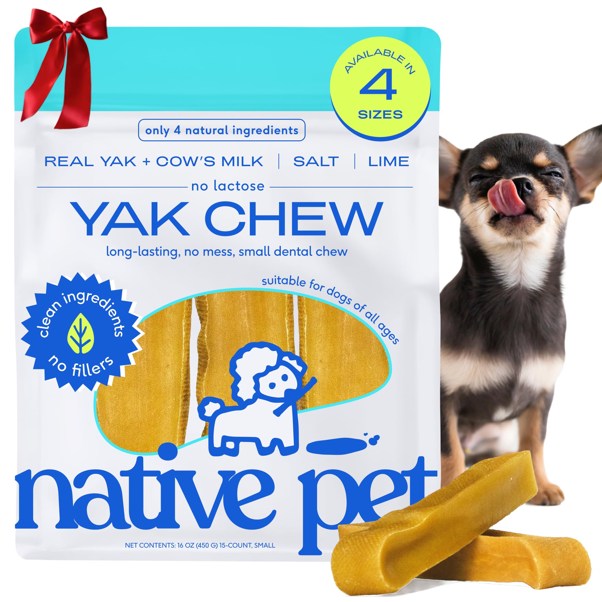 Native Pet Yak Chews pack shot, long-lasting dental chew for small dogs.