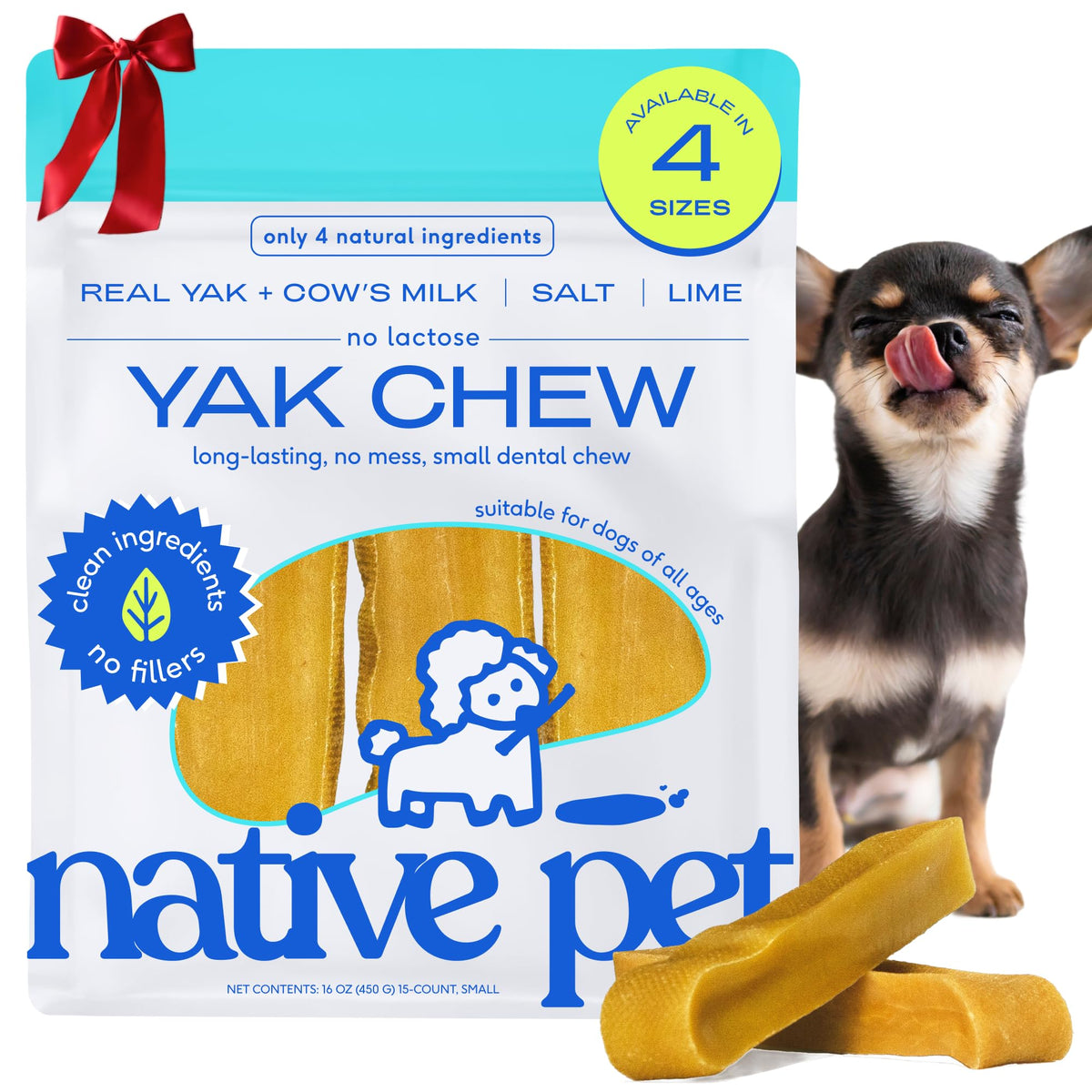 Native Pet Yak Chews pack shot, long-lasting dental chew for small dogs.