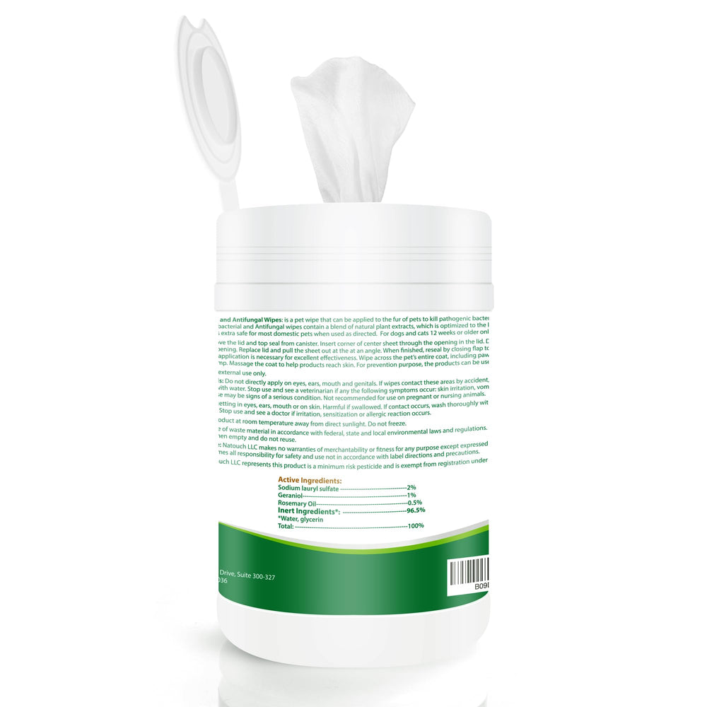 Natouch Antifungal Wipes used on a dog paw for cleaning and comfort.