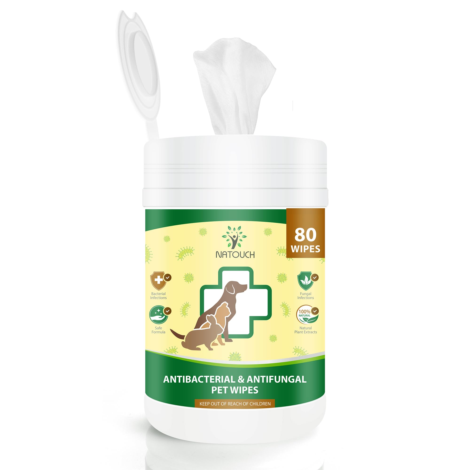 Natouch antifungal wipes packaging – convenient 80-count tub for quick pet cleansing.