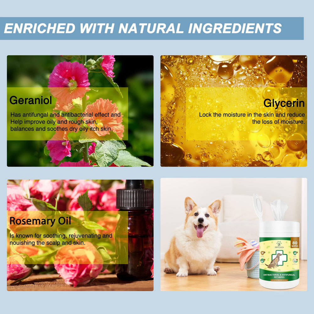 Natouch antifungal wipes hot-spots – helps soothe irritated skin during grooming.
