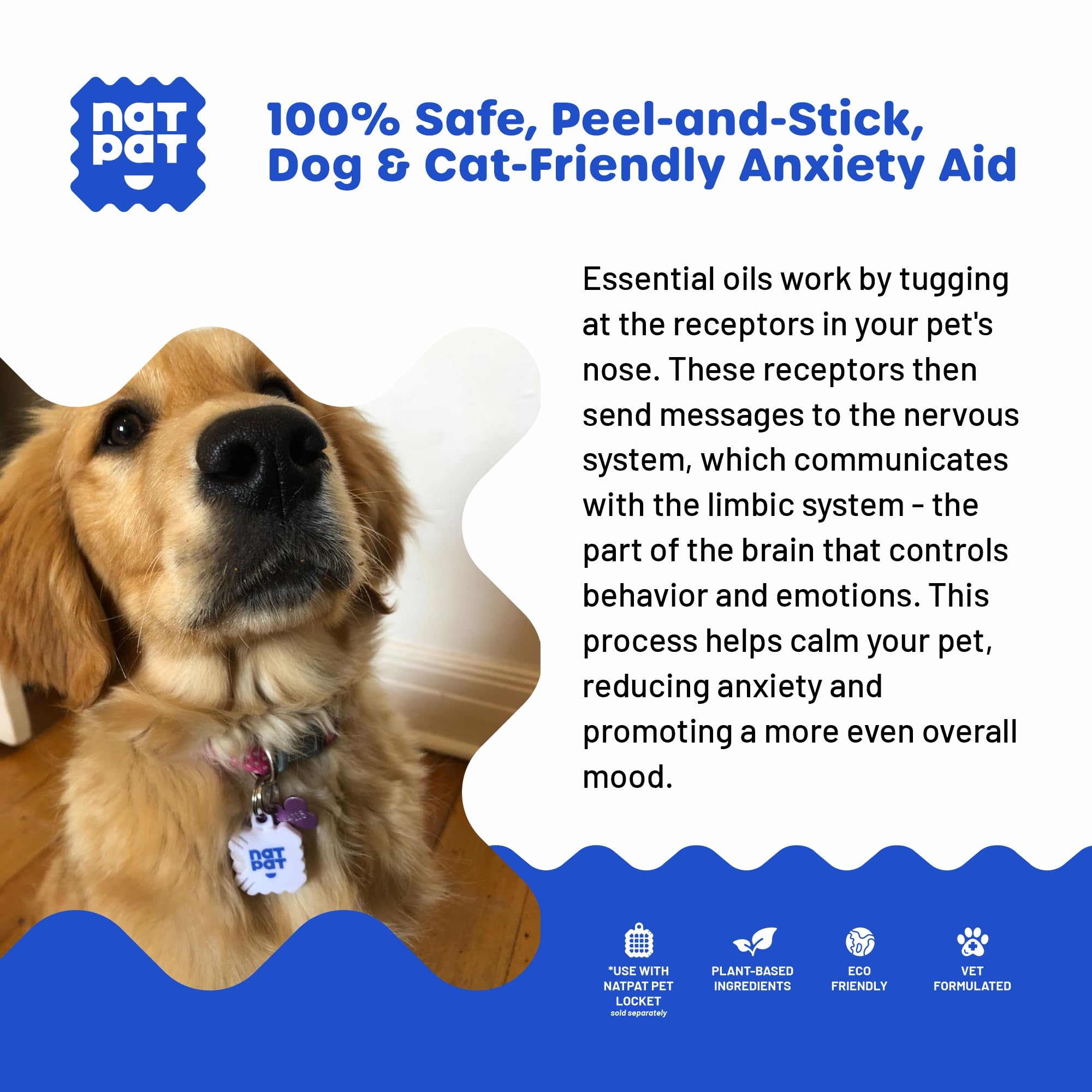 NATPAT Pet Zen Patches being applied to a dog's back demonstrates easy, non-invasive use.
