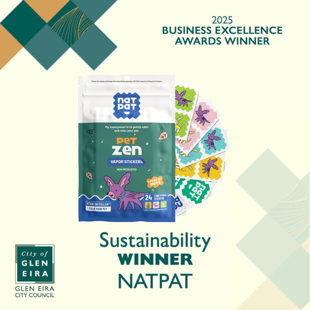 NATPAT Pet Zen Patches ingredients close-up highlights natural, drug-free calming support for dogs.