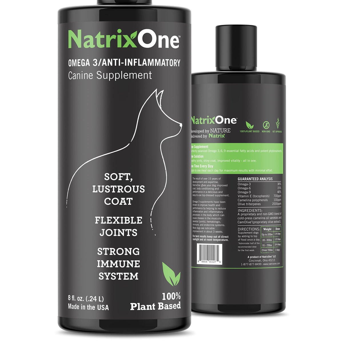 NatrixOne camelina oil for dogs bottle with dropper for easy daily dosing.