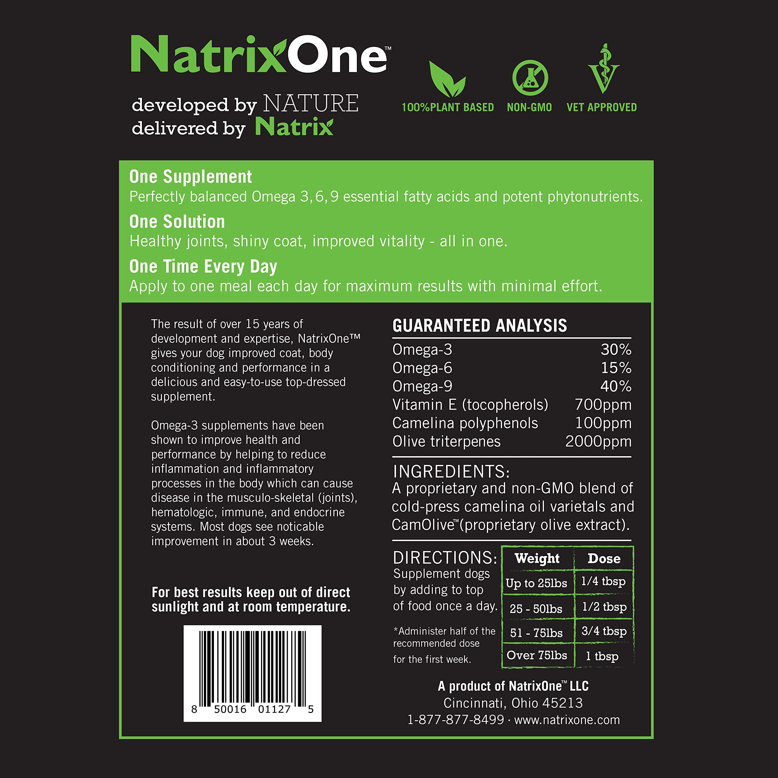 NatrixOne camelina oil supports joint mobility for active dogs.