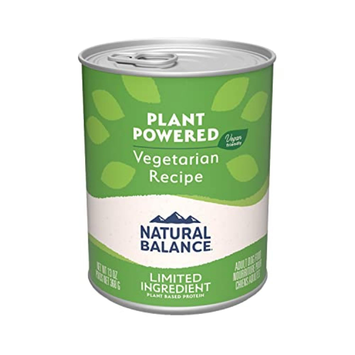 Natural Balance vegetarian dog food can front view — convenient 12-pack for balanced meals.