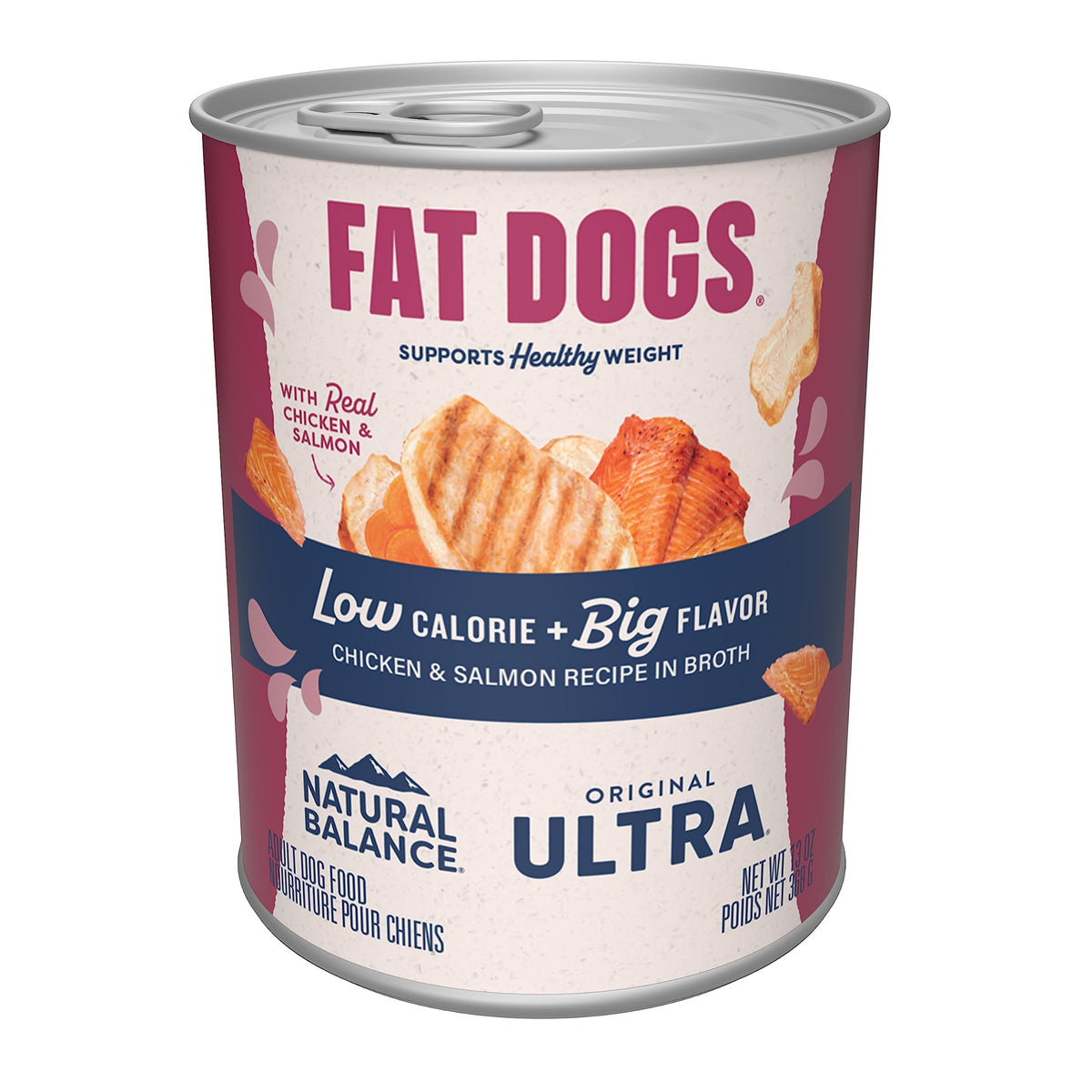 Natural Balance Fat Dogs wet food served in a bowl with real chicken and salmon aroma.
