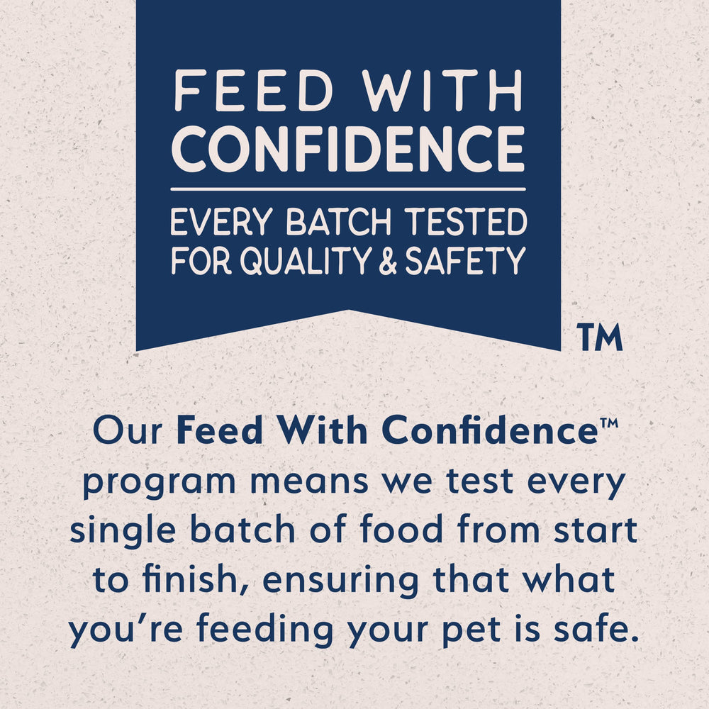 Natural Balance feed-with-confidence program badge on packaging implies batch testing.