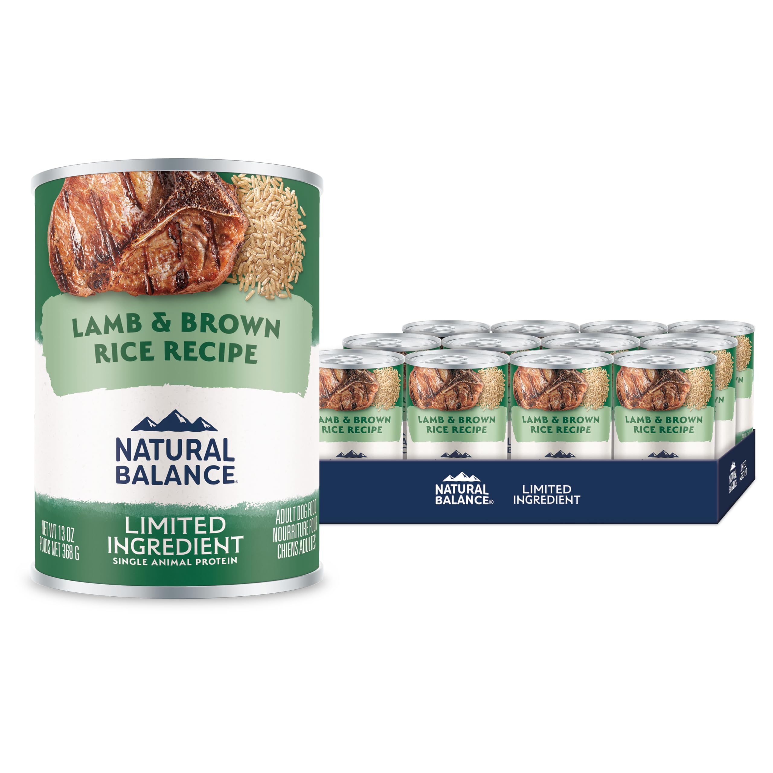 Natural Balance lamb-brown-rice dog food can closeup highlights limited ingredients for sensitive digestion.