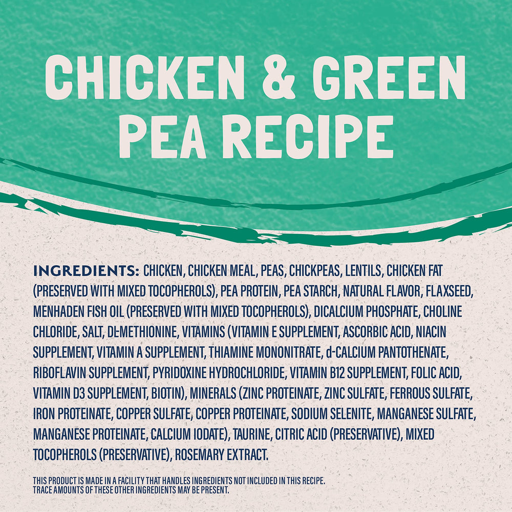 Natural Balance Limited Ingredient Adult Cat Food with green peas close-up emphasizing fiber support.