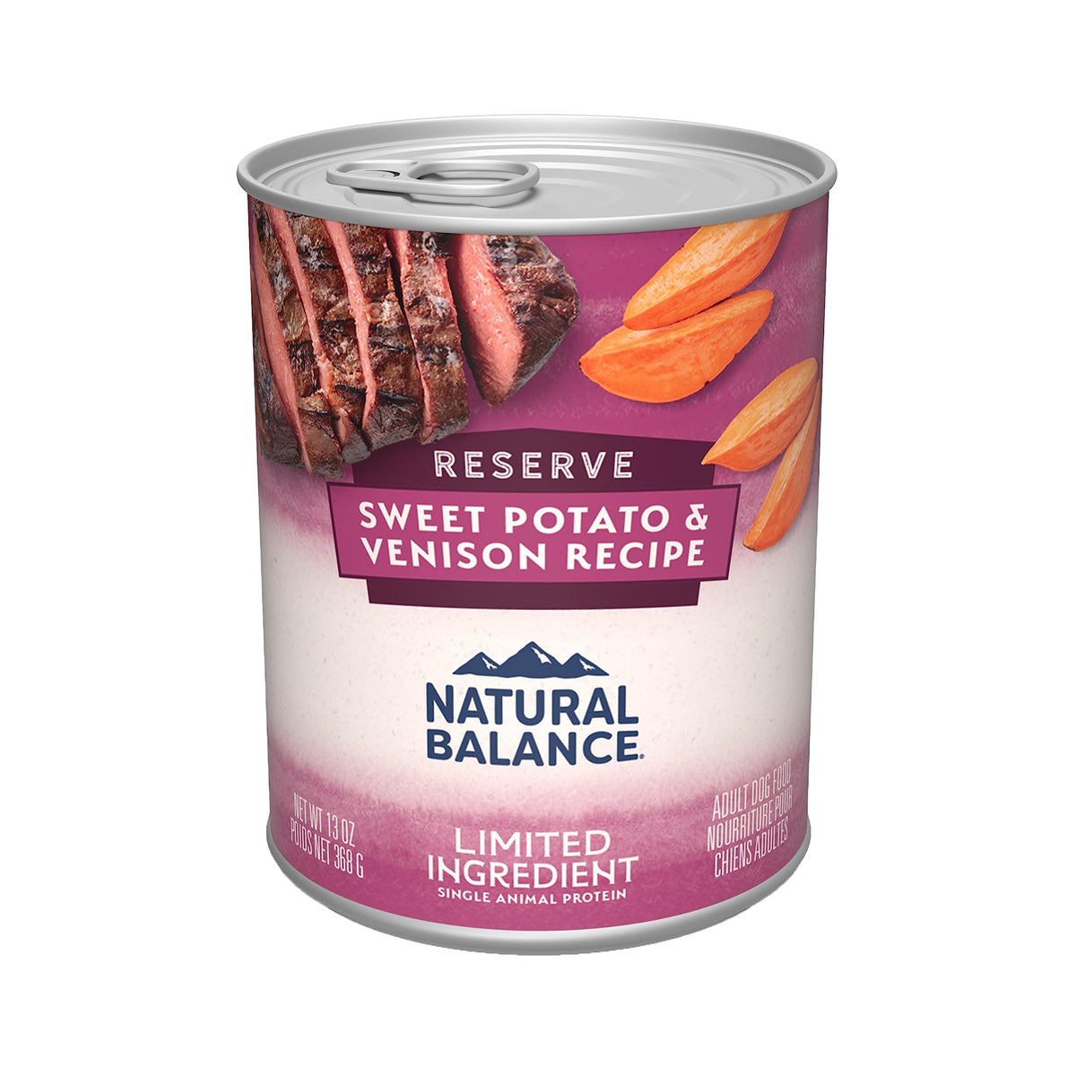 Natural Balance Limited Ingredient dog food can label shows venison recipe for sensitive diets.