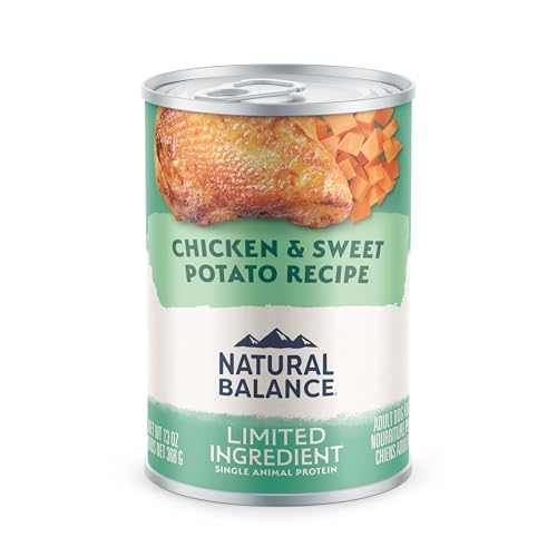 Natural Balance Limited Ingredient dog food chicken and sweet potato cans highlight grain-free, single-protein nutrition.