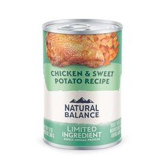 Natural Balance Limited Ingredient dog food chicken and sweet potato cans highlight grain-free, single-protein nutrition.