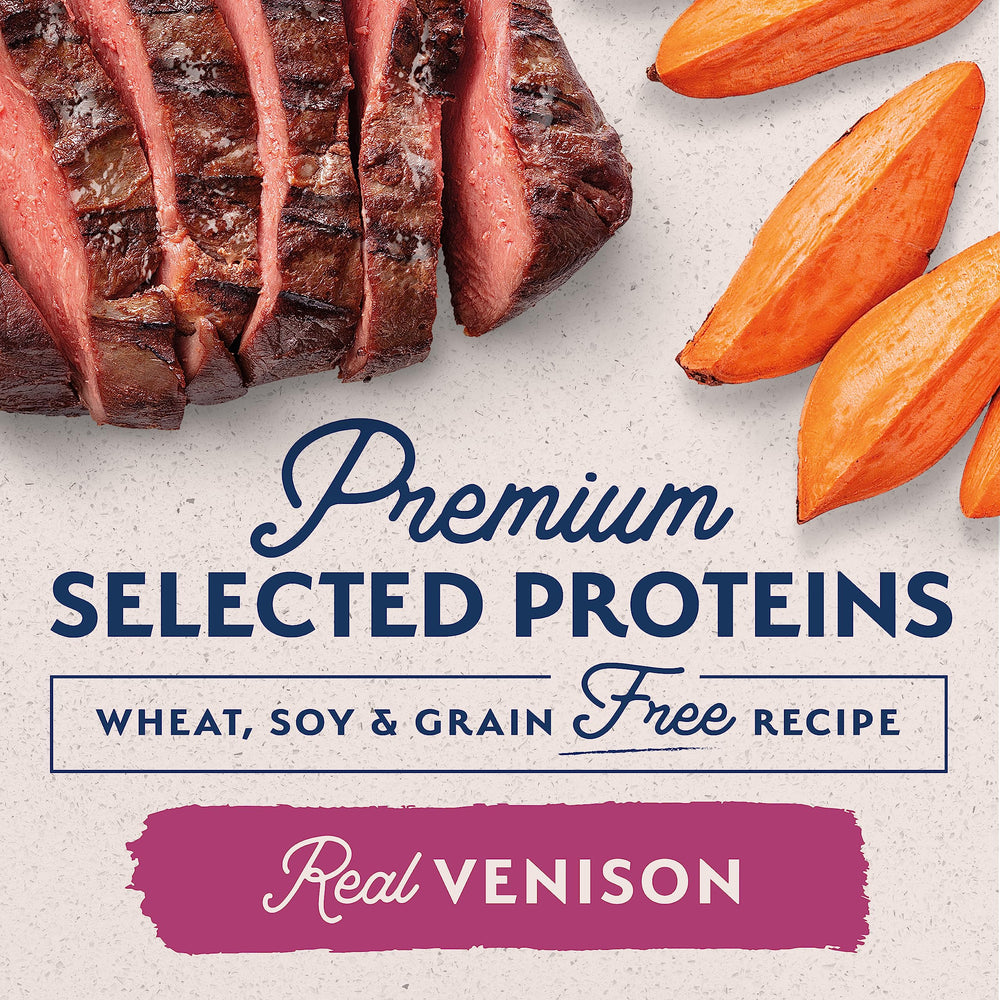 Natural Balance ingredients panel lists venison, pea protein and fish oil.