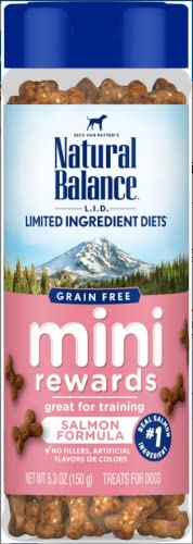 Natural Balance Mini Rewards salmon close-up showing grain-free, low-calorie bites for training.