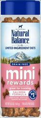 Natural Balance Mini Rewards salmon close-up showing grain-free, low-calorie bites for training.