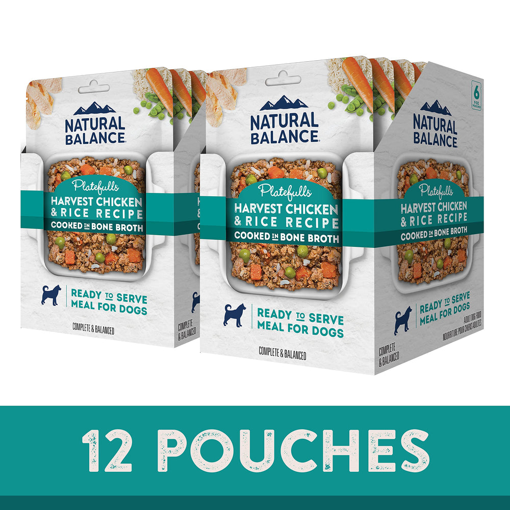 Natural Balance Platefulls Homestyle chicken, rice, carrots, and peas ingredients close-up.