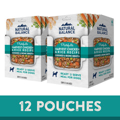 Natural Balance Platefulls Homestyle chicken, rice, carrots, and peas ingredients close-up.