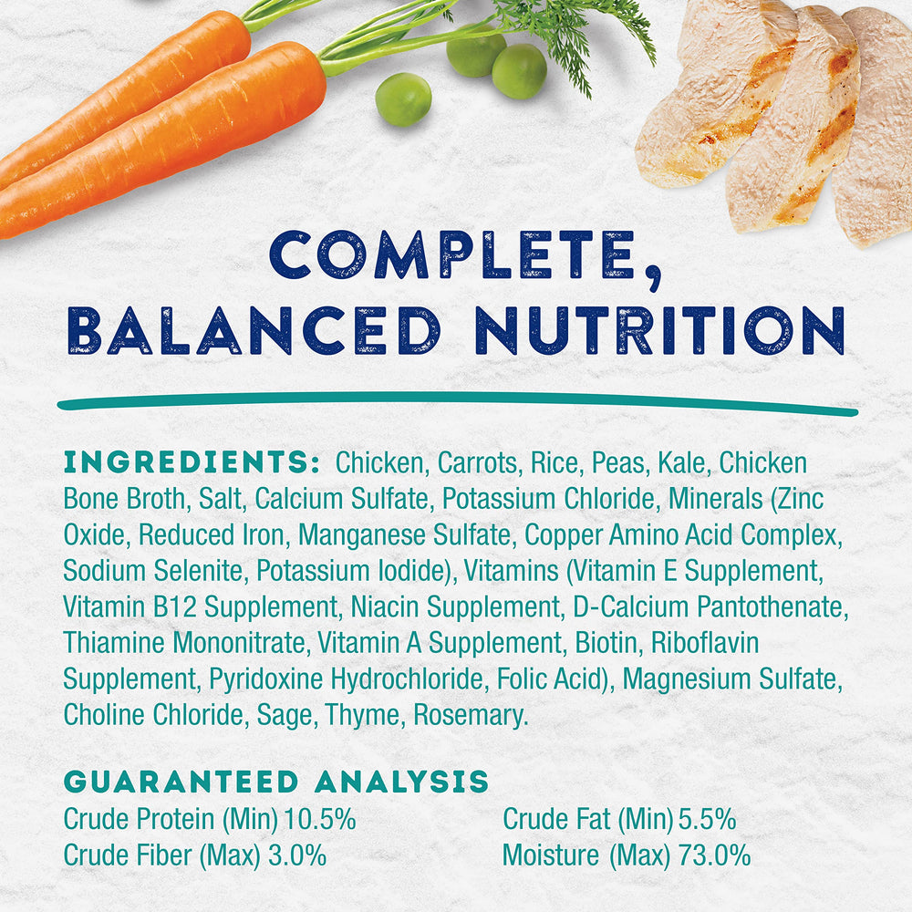 Natural Balance Platefulls Homestyle chicken and vegetables close-up showing texture.