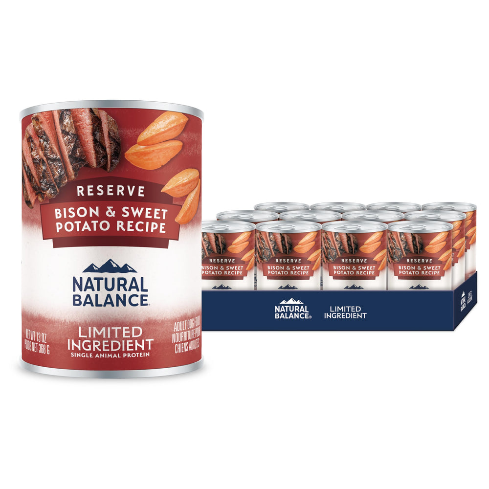 Natural Balance Reserve Bison & Sweet Potato cans offer grain-free protein for gentle digestion.