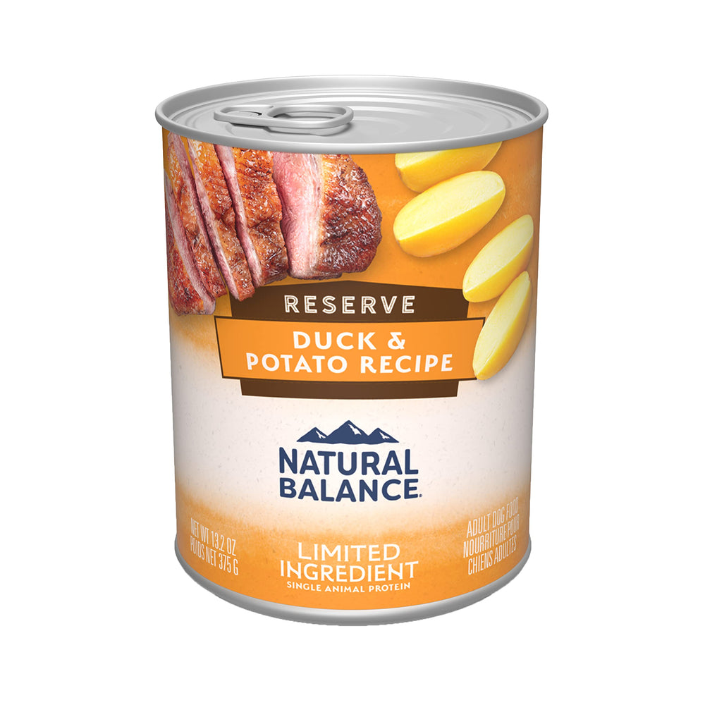 Natural Balance Reserve Duck & Potato canned dog food can shows grain-free nourishment for dogs.