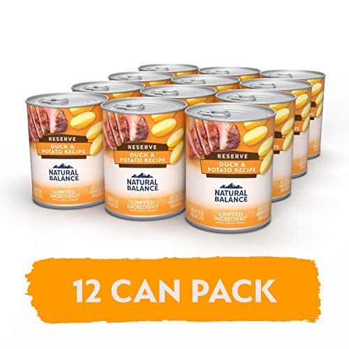 Natural Balance Reserve Duck & Potato label close-up highlights single-protein formula.