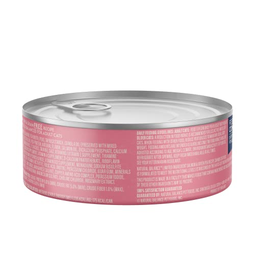 Natural Balance salmon-green-pea canned cat food served in a bowl showing aroma and portion size.