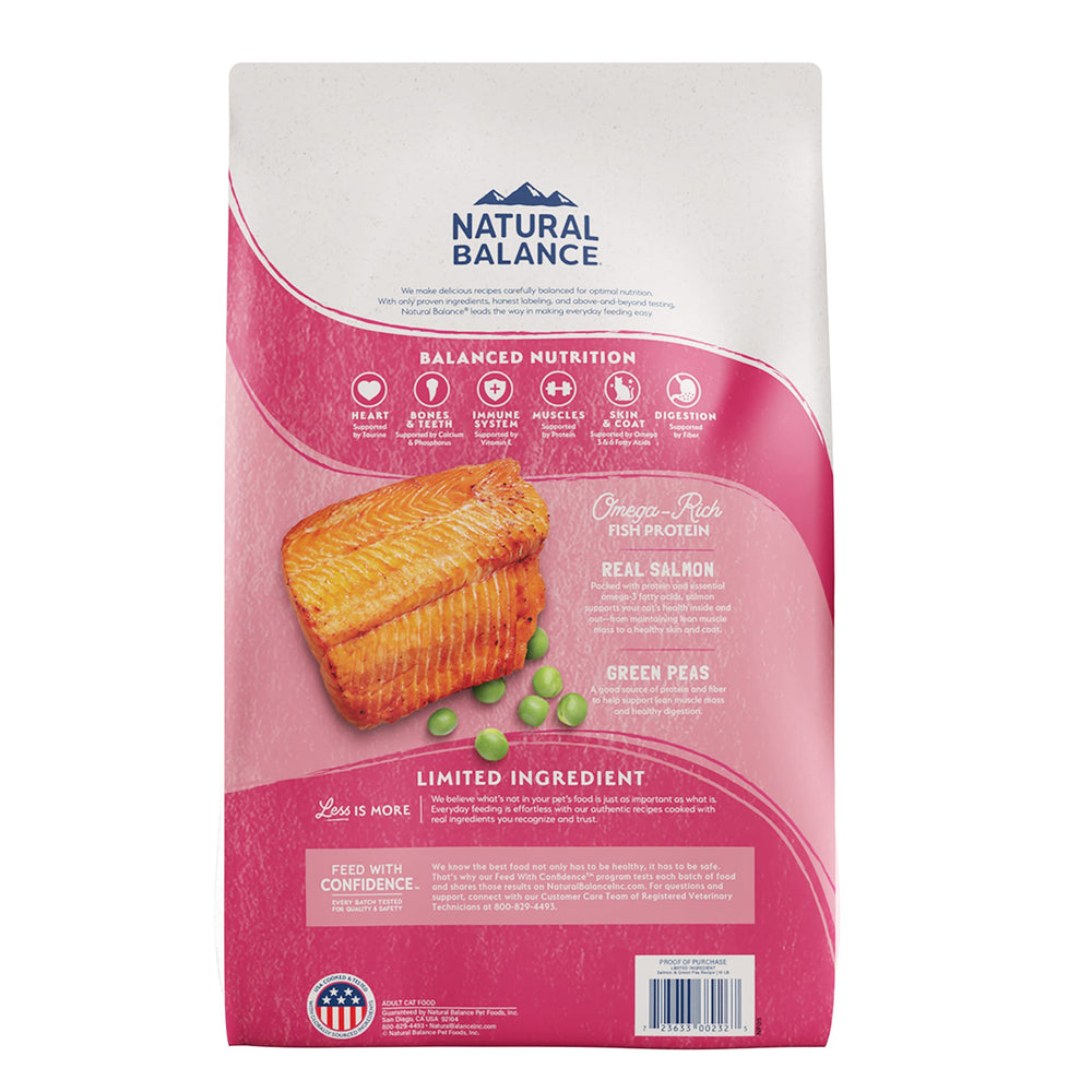 Natural Balance salmon-green-pea formula closeup shows grain-free kibble for sensitive digestion.