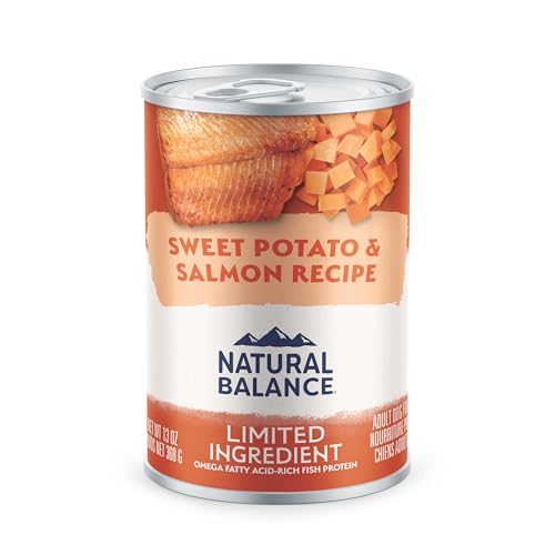 Natural Balance sweet-potato-salmon can highlights grain-free recipe for digestible nutrition.