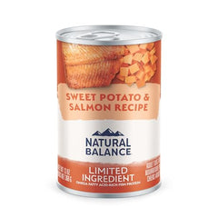 Natural Balance sweet-potato-salmon can highlights grain-free recipe for digestible nutrition.