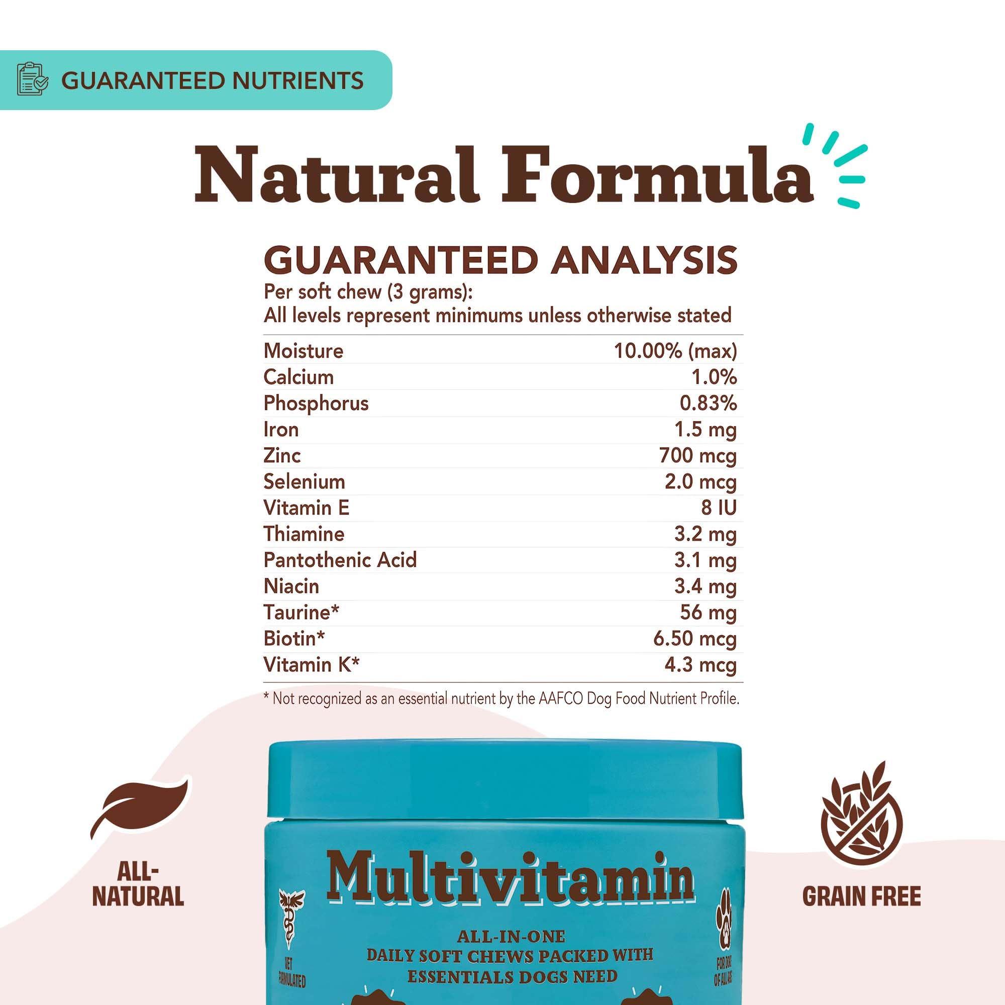 Natural Dog Company 25-in-1 soft chews tasty texture for easy daily dosing.
