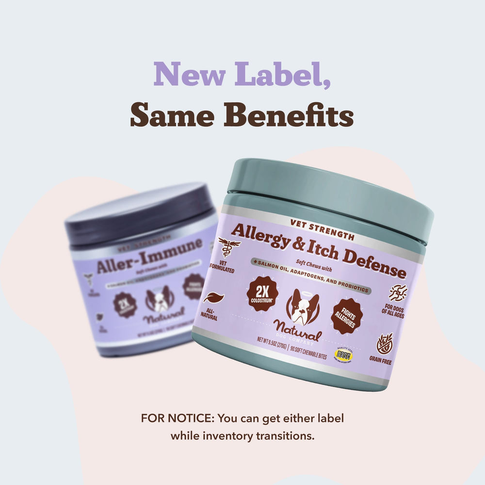Natural Dog Company label highlights 2x Salmon Oil and 2.4x Colostrum