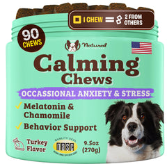 Natural Dog Company Calming Chews packaging ready-to-use bottle for travel-friendly stress support.