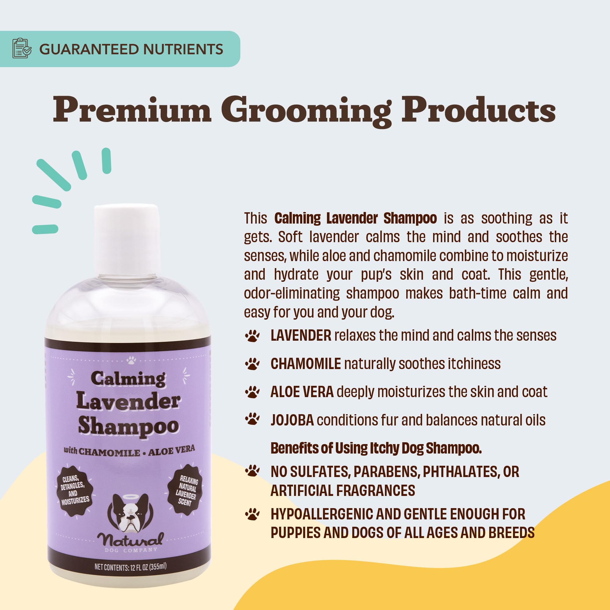 Natural Dog Company calming lavender shampoo during bath time for relaxing, spa-like routine