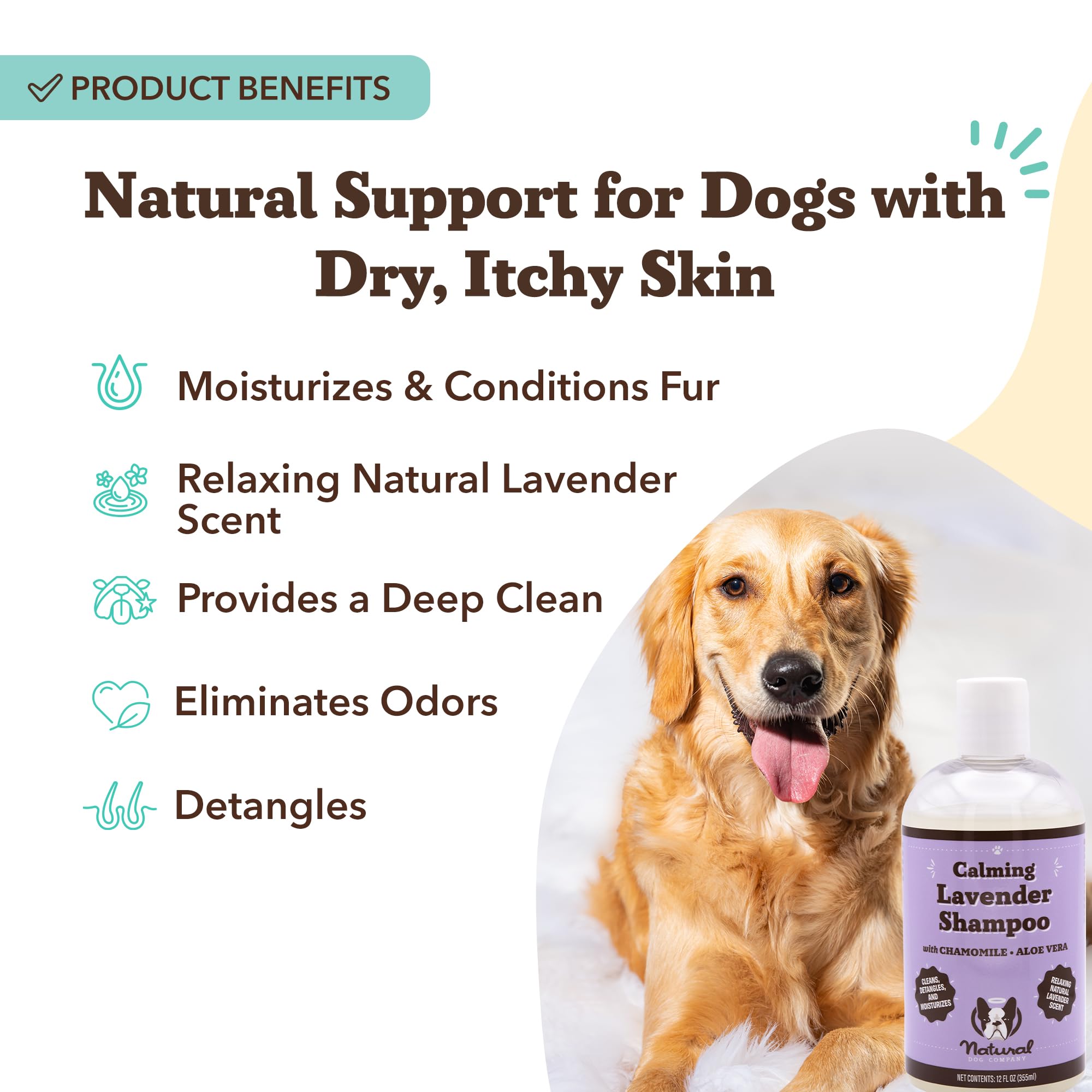 Natural Dog Company calming lavender shampoo with rich lather for stress-free bath time