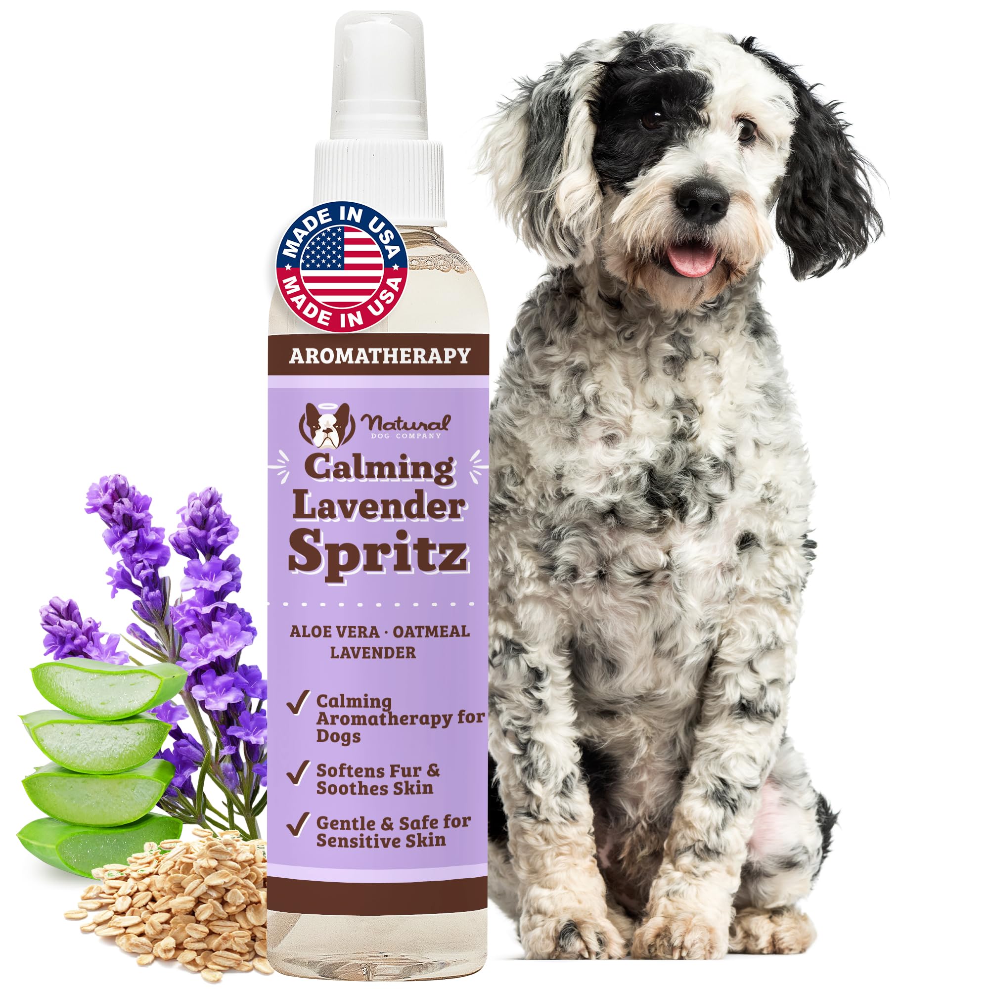 Natural Dog Company Calming Lavender Spritz 8oz bottle for deodorizing and freshening coats.