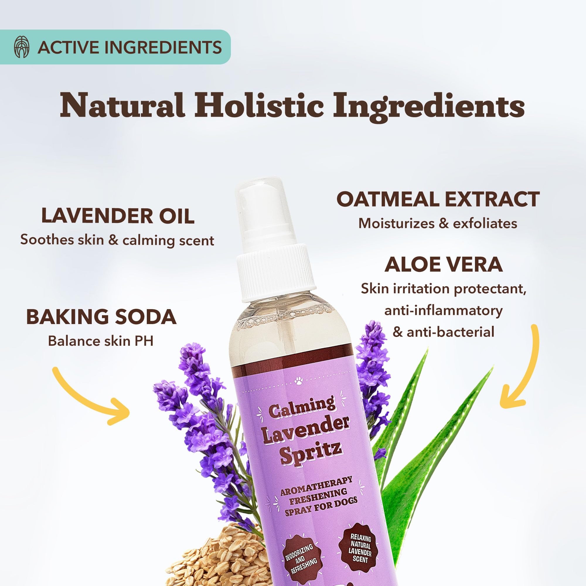 Natural Dog Company Calming Lavender Spritz label closeup shows aloe and oatmeal for coat softness.