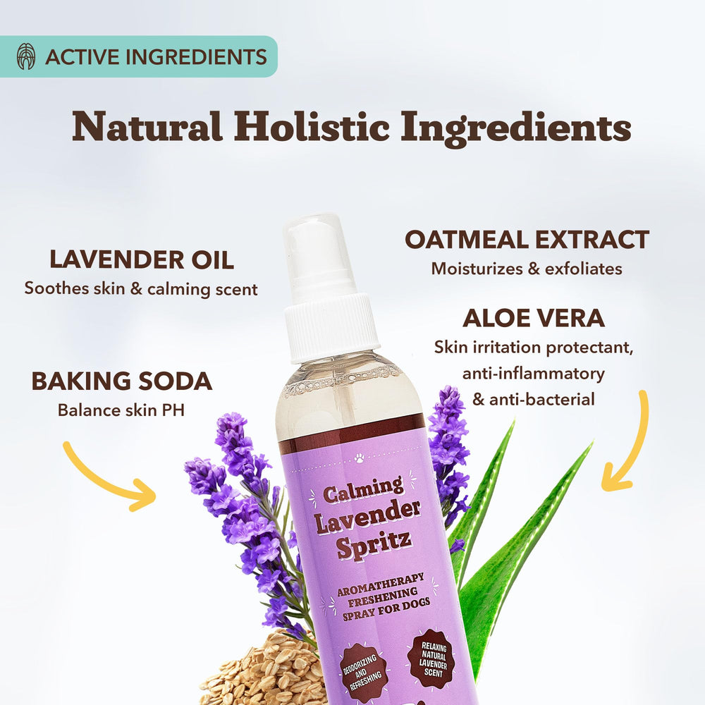 Natural Dog Company Calming Lavender Spritz label closeup shows aloe and oatmeal for coat softness.