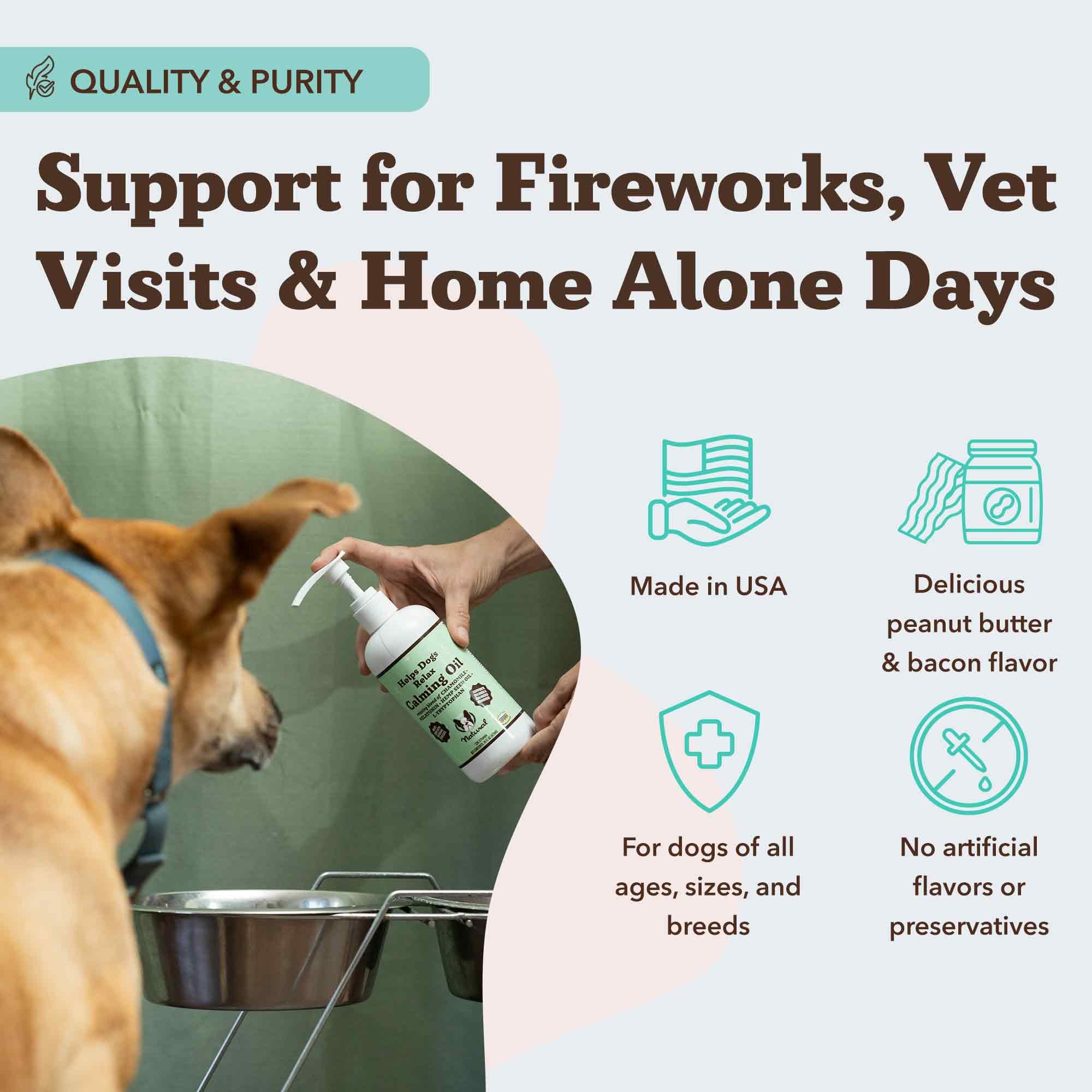 Natural Dog Company Calming Oil ingredients like chamomile and ginger for soothing support.