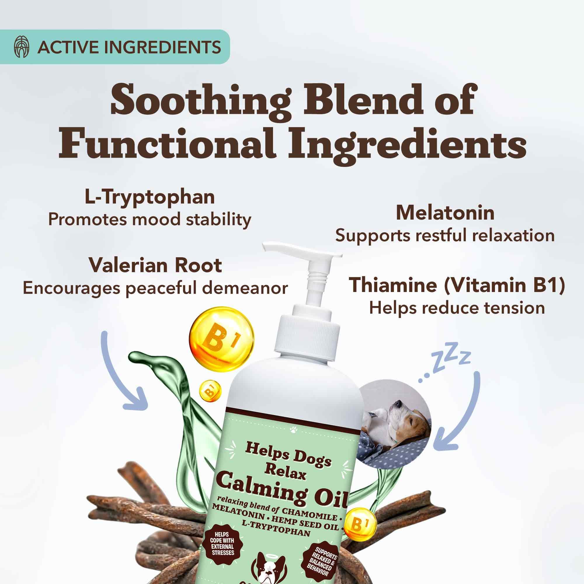 Natural Dog Company Calming Oil label closeup highlights melatonin and valerian root ingredients.