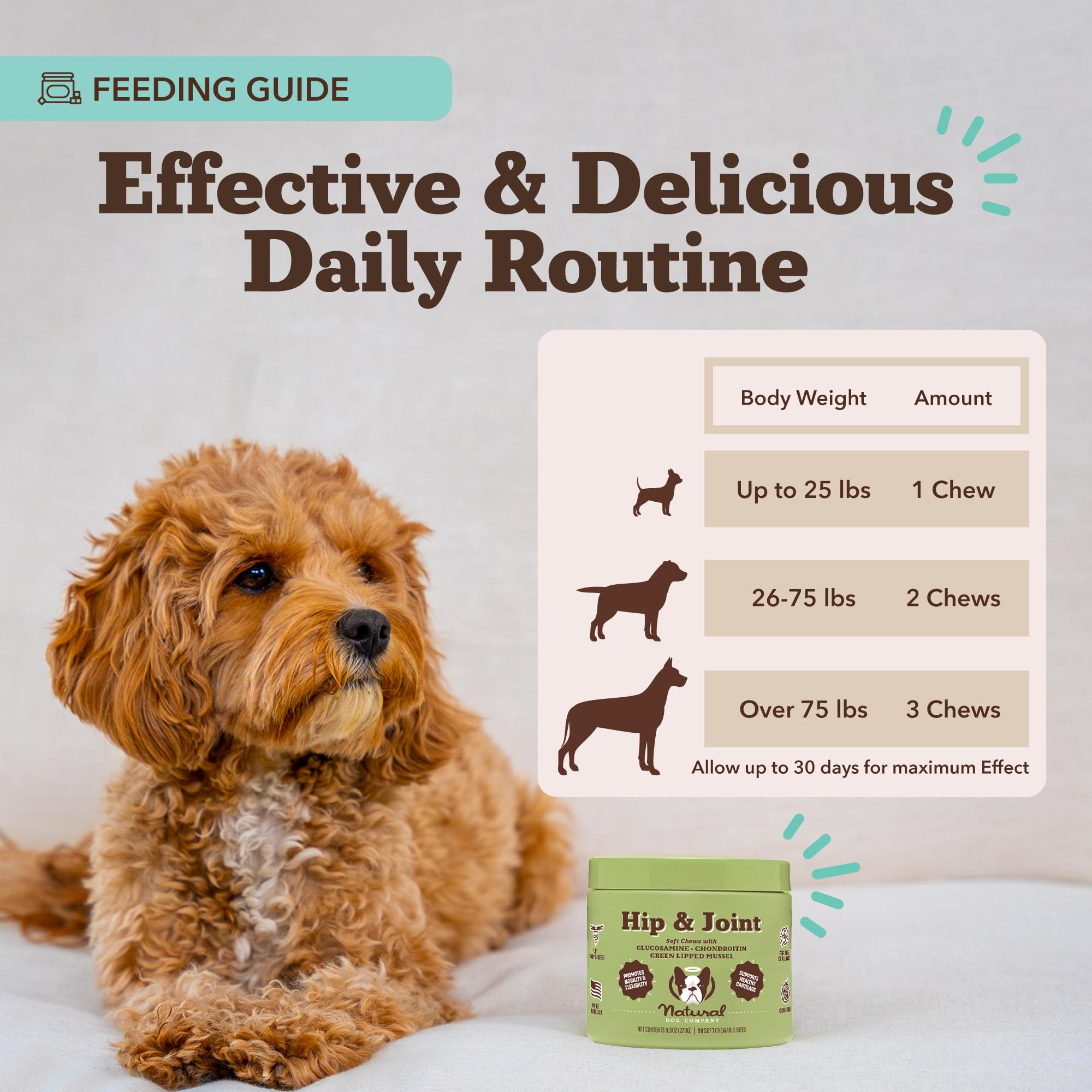 Natural Dog Company chicken-flavor label indicates tasty joint support.