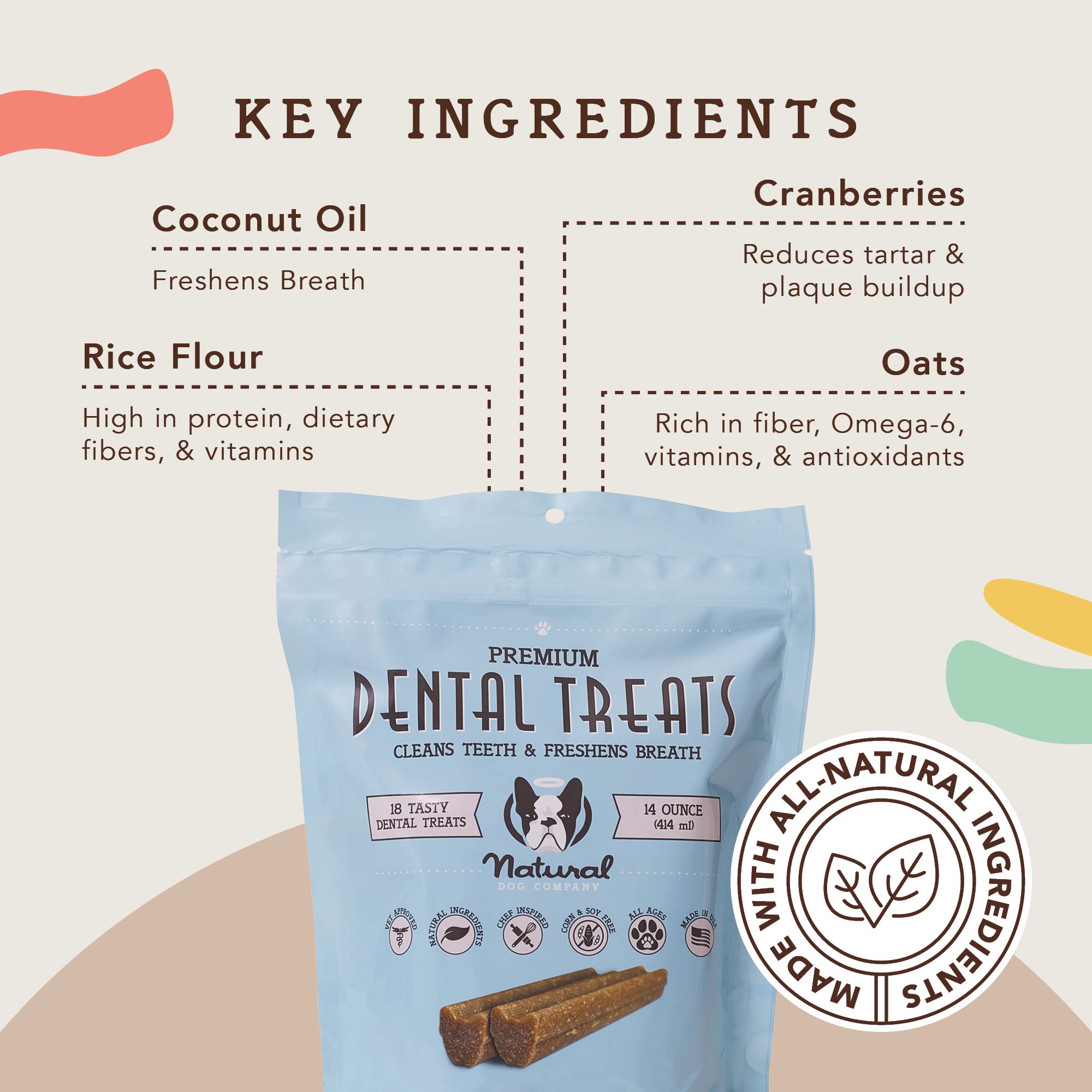 Natural Dog Company dental chews close-up texture emphasizes grooved design for cleaning