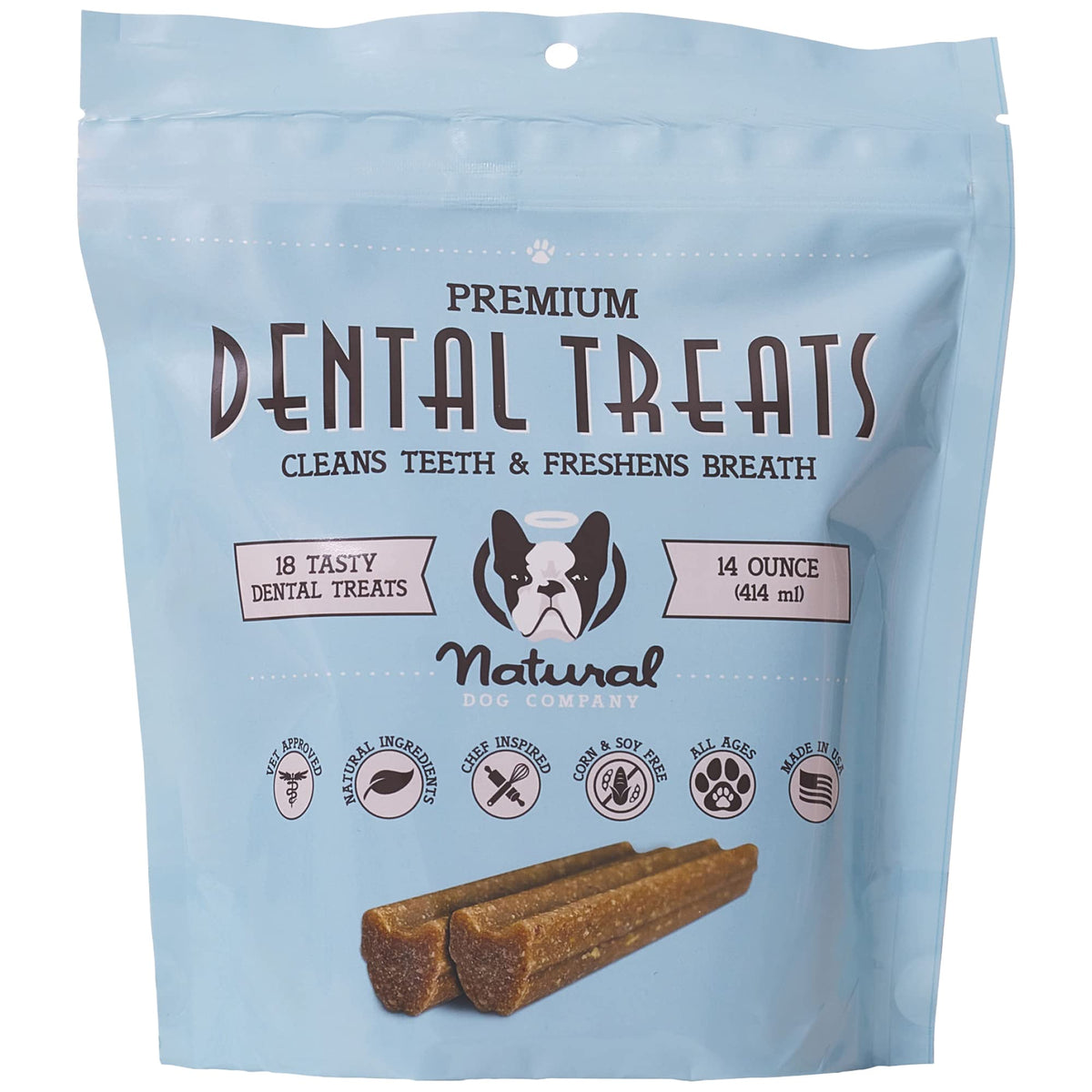 Natural Dog Company dental chews packaging highlights daily oral care and USA-made quality