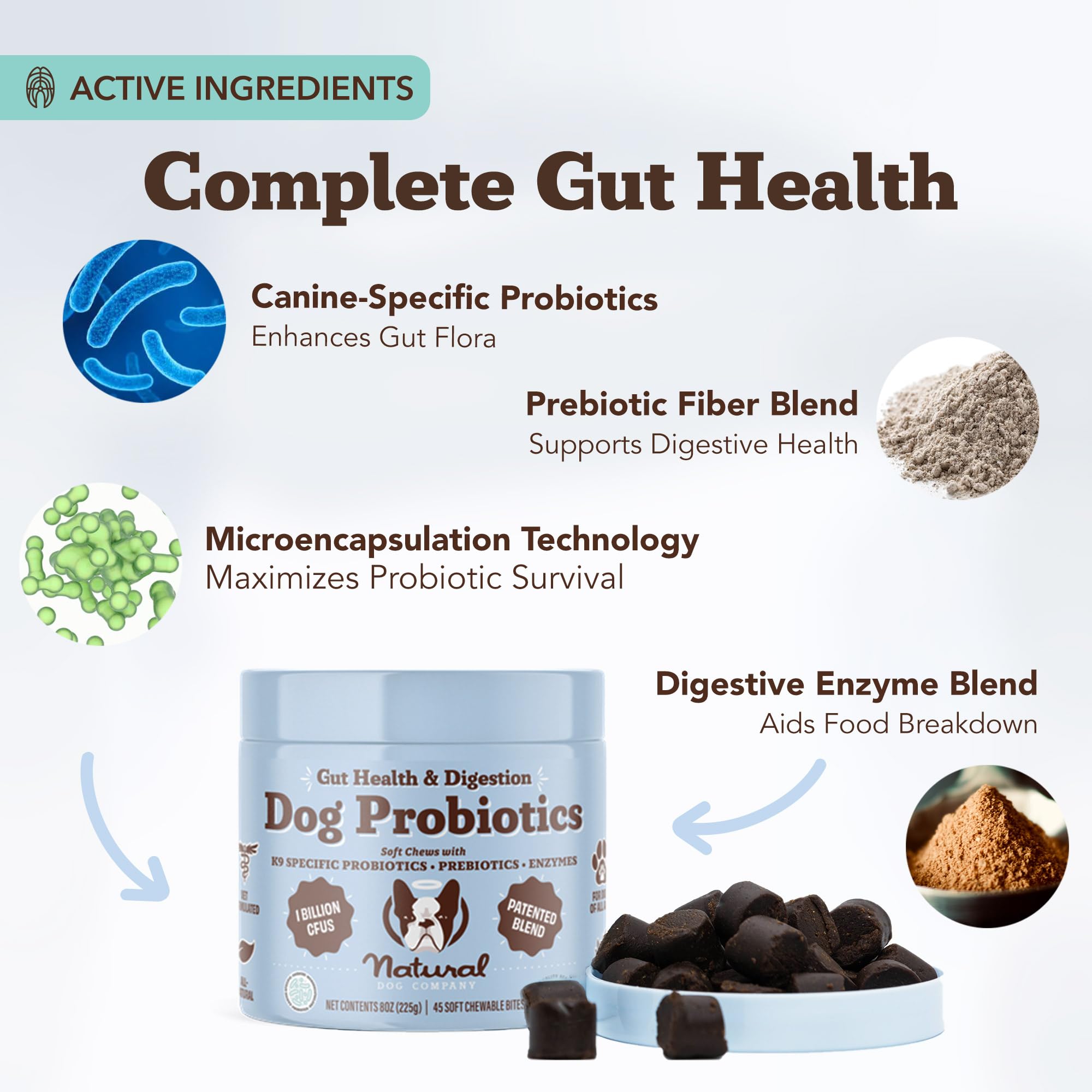 Natural Dog Company Gut Health Chews features pumpkin and FOS prebiotics for microbiome balance