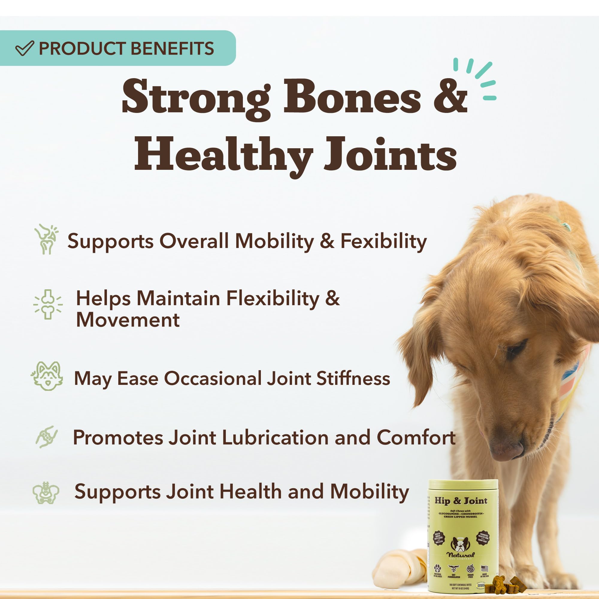 Natural Dog Company hip and joint chews bottle open showing texture for joint comfort