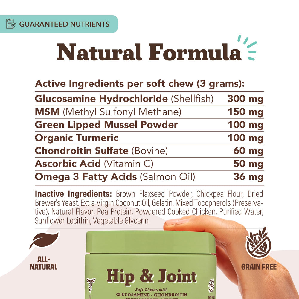 Natural Dog Company chews with glucosamine imagery to emphasize joint care