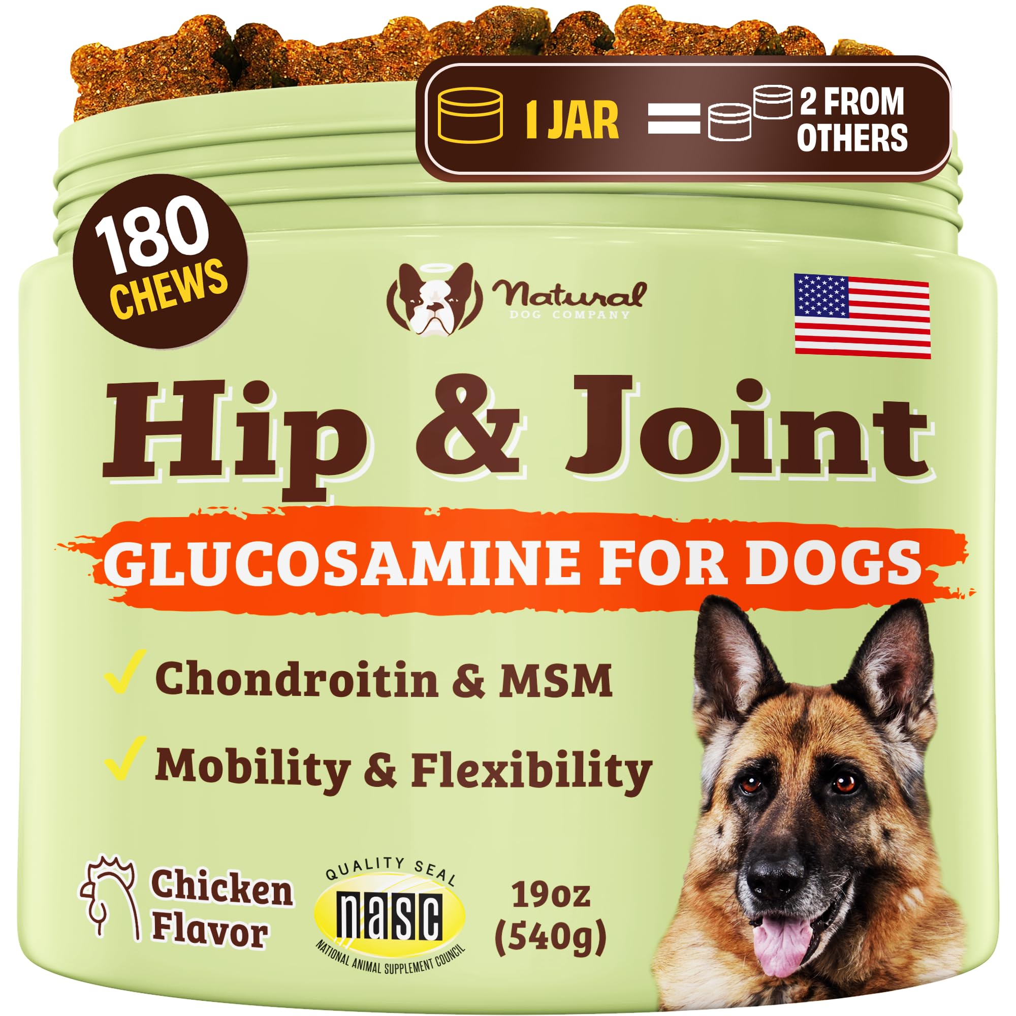 Natural Dog Company hip and joint chews packaging on countertop for mobility support