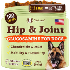 Natural Dog Company hip and joint chews packaging on countertop for mobility support