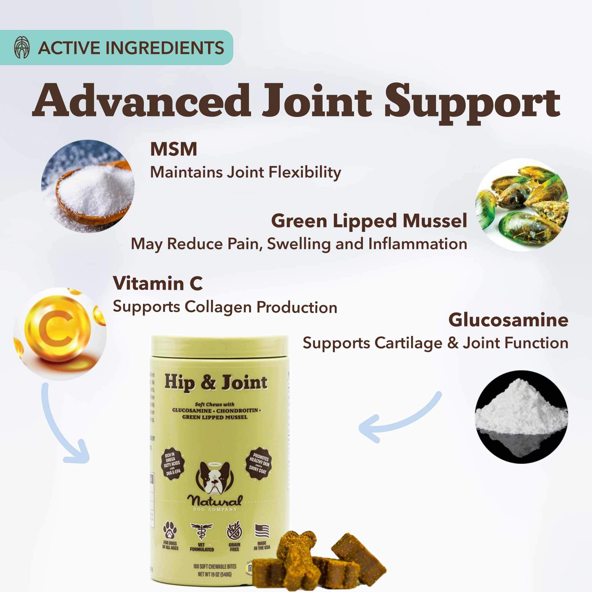 Natural Dog Company hip and joint chews assisting a senior dog's mobility
